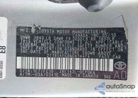 2010 Toyota Corolla Le из США, поврежденный, VIN 2T1BU4EE9AC414474